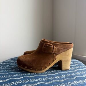 Veronica Beard Dacey Suede Clog with Wooden 4” Block Heel